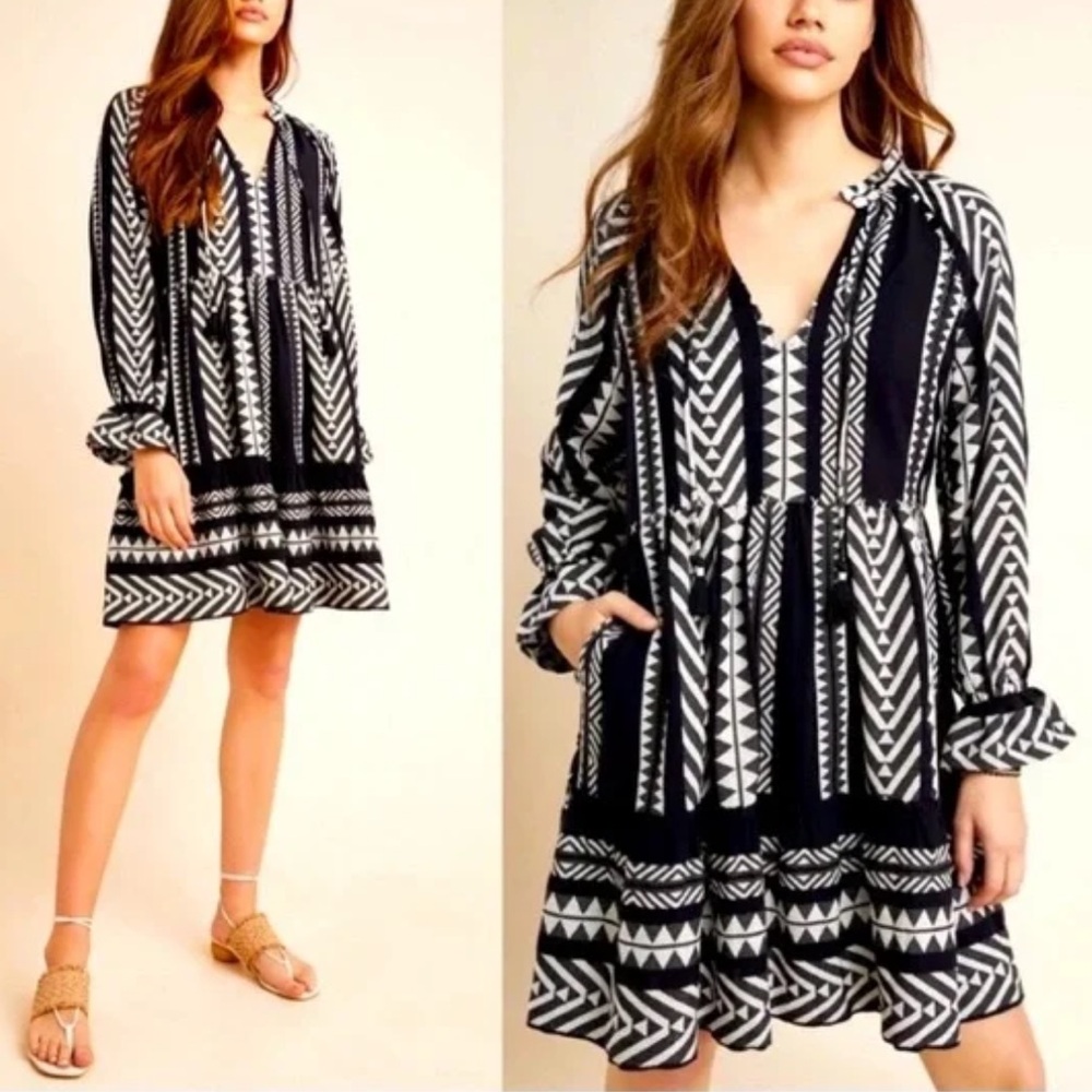 Maeve Anthropologie Black & White Aztec Print Dominique Popover Dress Pockets XS
